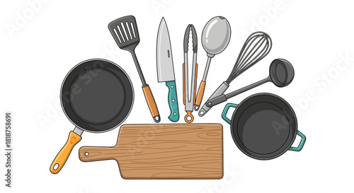 Culinary tools and cooking equipment collection with pan, knife, and utensils for home cooking isolated on a white background