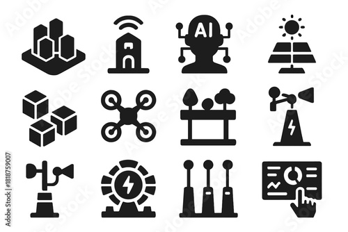 Futuristic Urban Icons. Solid style icons of futuristic urban planning: 3D city model, smart building, AI control center,