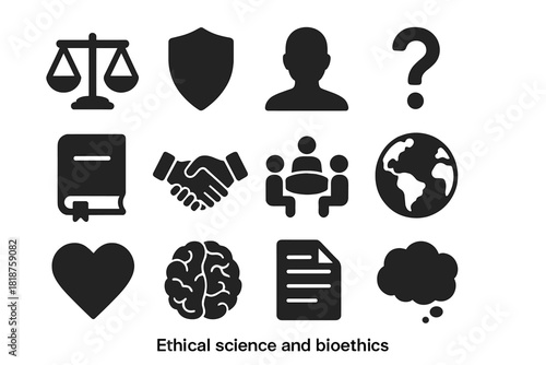 Ethical Science Icons. Solid style icons of ethical science and bioethics: balance scale, shield, human silhouette, question mark,