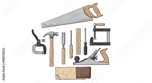 A collection of classic hand tools for woodworking, representing the craft of carpentry and DIY home improvement projects