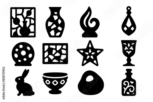 Decorative Glass Art Icons. Solid style icons of decorative glass art: stained glass panel, colorful vase, glass sculpture,
