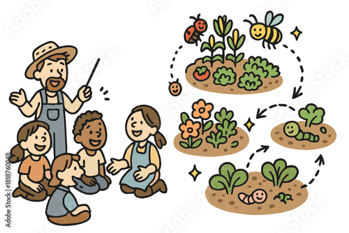 Cheerful Farm Workshop. Playful doodle farmer workshop with cheerful participants, cartoon polyculture plots, smiling beneficial