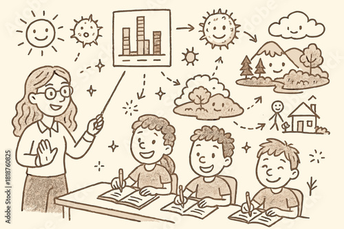 Whimsical Paleoecology Classroom. Whimsical doodle paleoecology classroom with happy students, cartoon pollen diagrams floating,