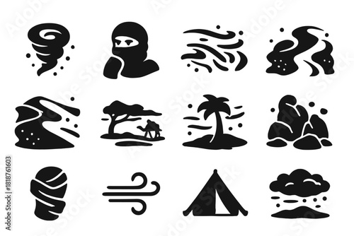Sandstorm Icon Set. Solid style icons of Sandstorm Scenes: Whirlwind, Covered Face, Flying Sand, Desert Path, Shifting Dunes,