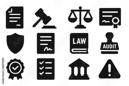Regulatory Compliance Icons. Solid style icons of regulatory compliance: legal document, gavel, scale of justice, certificate,