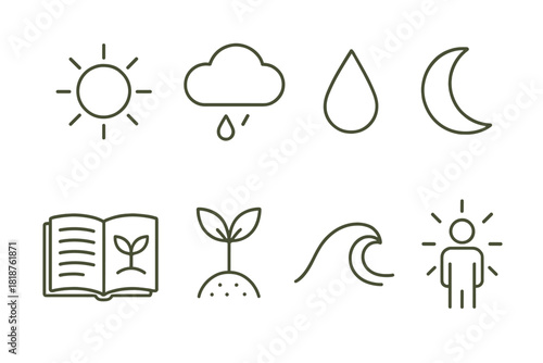 Rural Wisdom Icons. Line style icons of Rural Wisdom: Weather Forecast, Planting Schedule, Tide Chart, Folk Knowledge; Sun, Cloud,