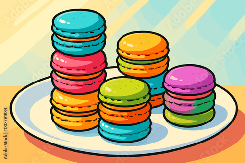 Colorful Macaron Towers. Playful shot of colorful macaron towers arranged on a clean white plate, illuminated by soft natural