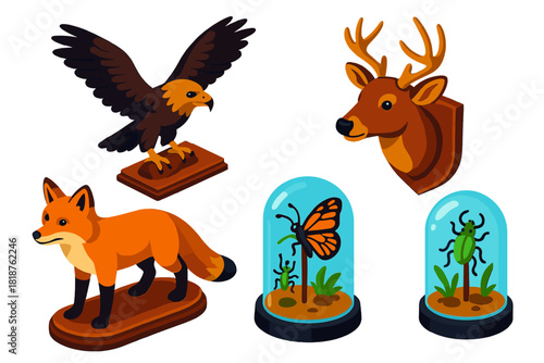 Colorful Animal Displays. Isometric vector illustration set Preserved Animal Displays: Posed fox on base, bird with spread wings,