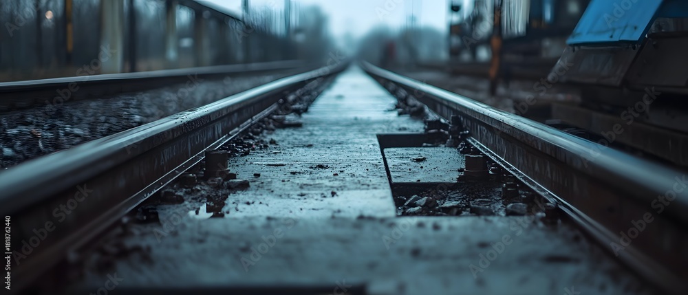 Fototapeta premium A close-up view of a deserted railway track, highlighting the worn-out wooden beams and wet surface, creating a moody and atmospheric scene.