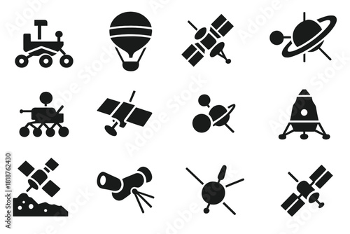 Planetary Exploration Icons. Solid style icons of Planetary Science Exploration: Mars rover, Venus balloon probe, Jupiter flyby,