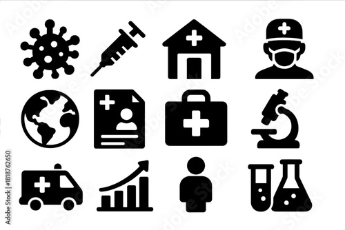 Healthcare Icon Set. Solid style icons of Healthcare and Epidemics: pathogen, vaccine injection, clinic, healthcare worker, globe,