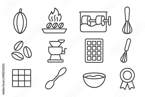 Bean to Bar Icons. Line style icons of Bean to Bar: Cacao Pod, Roasting, Conching Machine, Tempering; Cocoa Beans, Grinder, Mold,