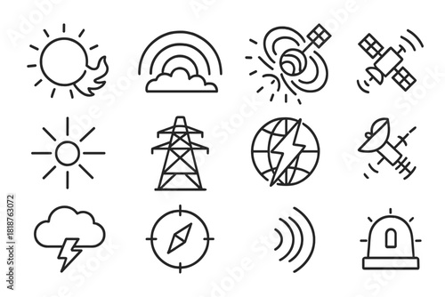 Space Environment Icons. Line style icons of Space Environment: Solar Flare, Aurora Arc, Magnetosphere Storm, Satellite Anomaly;
