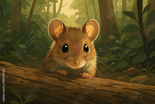 Field Mouse Peek. Little field mouse peeking from behind a log in a forest, illuminated vector illustration by soft natural light,
