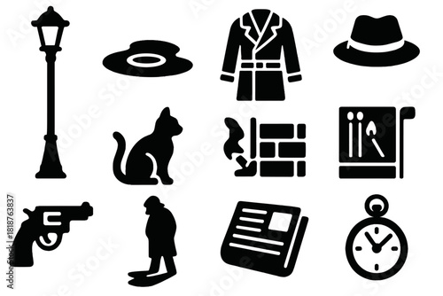 Crime Alley Icons. Solid style icons of Crime Alley: Streetlamp, Rain Puddle, Trench Coat, Fedora, Revolver, Alley Cat, Brick Wall