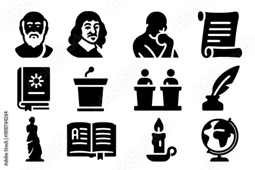 Philosophical Eras Icons. Solid style icons of Philosophical Eras: Socrates bust, Descartes portrait, contemporary thinker,