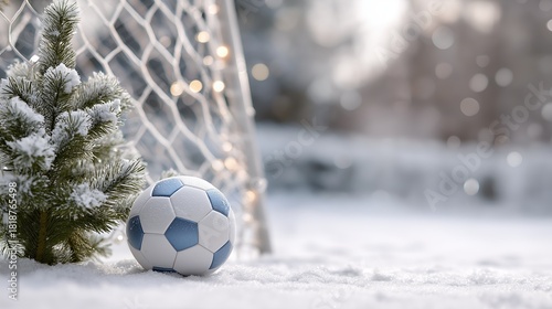 Snow-covered soccer goal with ball lying in front  small decorated Christmas tree nearby
