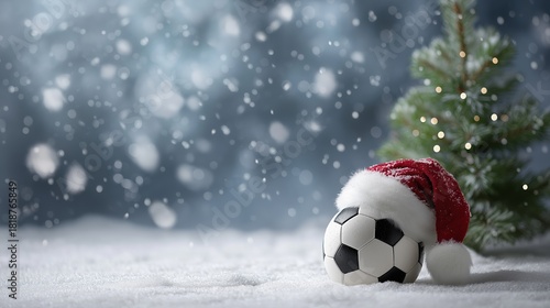 Soccer ball resting in fresh snow, Santa hat on top, small decorated Christmas tree nearby, soft snow falling, minimalistic, cozy holiday vibe, blurred background, space for text
