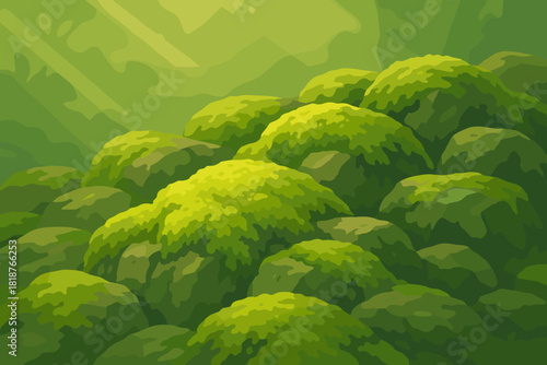 Moss-Covered Rocks. Fresh green moss covering a rocky surface under soft sunlight, vibrant natural tones, tranquil and earthy,