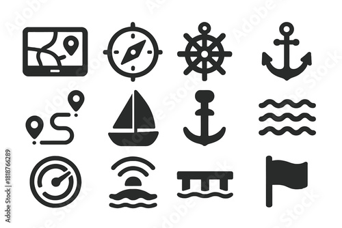 Sustainable Navigation Icons. Solid style icons of sustainable navigation: GPS map, compass, steering wheel, anchor, route marker,