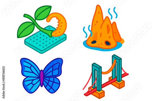 Nature-Inspired Engineering Icons. Isometric vector illustration set Nature-Inspired Engineering: Velcro seed pod, termite mound