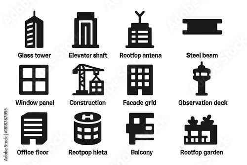 Modern Skyscraper Icons. Solid style icons of modern skyscrapers: glass tower, elevator shaft, rooftop antenna, steel beam, window