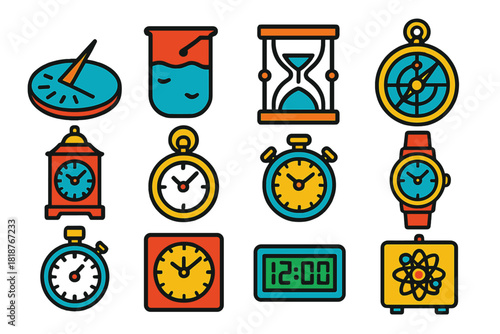 Timekeeping Icon Evolution. Flat vector icons of Timekeeping Evolution: sundial, water clock, hourglass, astrolabe, lantern clock,
