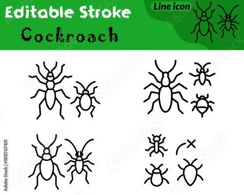 A simple vector icon depicting a cockroach with an oval-shaped body. Segmented abdomen and six thin legs extending outward. The clean outline and minimal details highlight its recognizable insect.