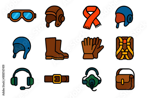 Vintage Aviator Icons. Flat vector icons of Vintage Aviator Gear: pilot goggles, leather helmet, silk scarf, flight jacket,