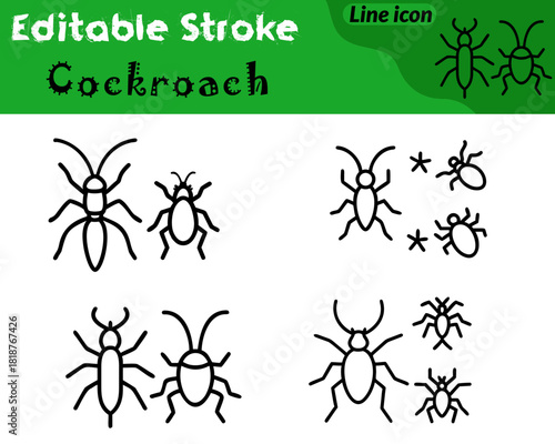 A simple vector icon depicting a cockroach with an oval-shaped body. Segmented abdomen and six thin legs extending outward. The clean outline and minimal details highlight its recognizable insect.