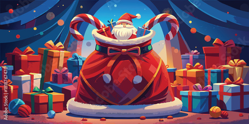 Santa claus bag overflowing with gifts and candy canes surrounded by presents