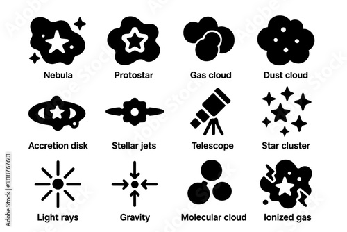 Star Formation Icons. Solid style icons of star formation: nebula, protostar, gas cloud, dust cloud, accretion disk, stellar jets,