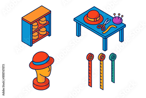 Colorful Millinery Studio Icons. Isometric vector illustration set Millinery Studio Setup: Hat block shelf, trimming table,