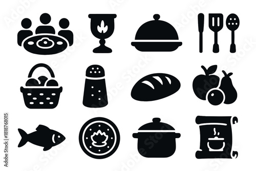 Cultural Food Icons. Solid style icons of Food Rituals and Culture: cultural meal, ritual food, historical dish, kitchen tools,