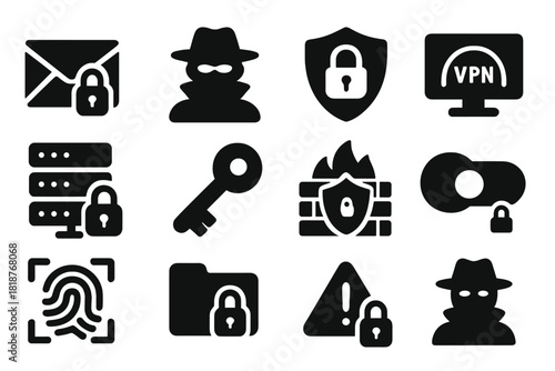 Online Security Icons. Solid style icons of Online Security: encrypted message, anonymous profile, data protection, VPN tunnel,