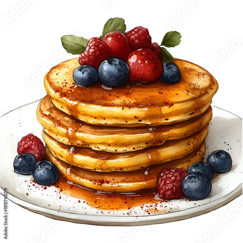 Delicious stack of pancakes with berries and syrup