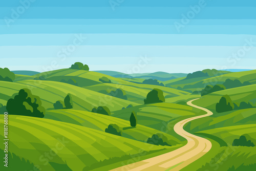 Serene Countryside Vista. Expansive shot of a rolling green countryside under a clear blue sky, vector illustration serene and