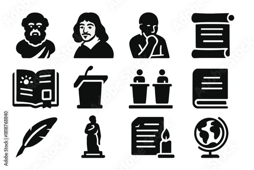 Philosophical Eras Icons. Solid style icons of Philosophical Eras: Socrates bust, Descartes portrait, contemporary thinker,