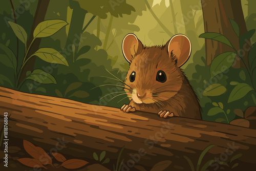 Field Mouse Peek. Little field mouse peeking from behind a log in a forest, illuminated vector illustration by soft natural light,