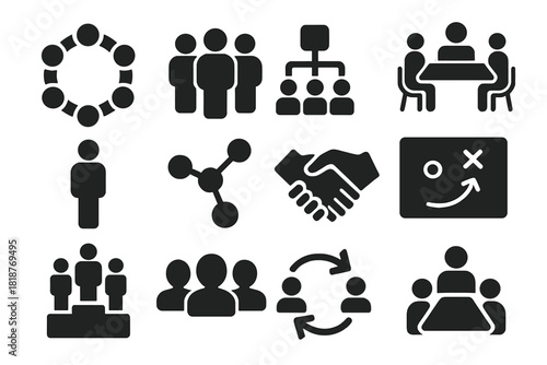 Group Dynamics Icons. Solid style icons of group dynamics: circle of people, teamwork icon, hierarchy chart, discussion table,