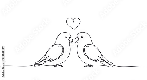 Two lovebirds with a heart above them symbolizing romance, Valentine’s Day, affection, and togetherness. Line art vector illustration, isolated on a transparent background