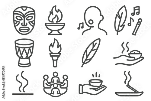 Indigenous Ceremony Icons. Line style icons of Indigenous Ceremony: Mask, Sacred Flame, Chant, Gathering; Drum, Torch, Feather,