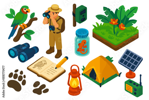 Species Rediscovery Expedition. Isometric vector illustration set Species Rediscovery: jungle rediscovery animal, scientist with