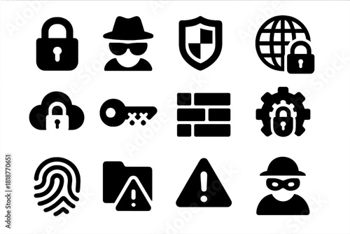 Online Privacy Icons. Solid style icons of Online Privacy Tools: encryption padlock, anonymous profile, data shield, VPN