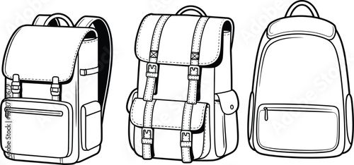 Backpack design sketch front view, buckle and zipper styles, CAD drawing flat vector illustration, bag pattern template, fashion accessory