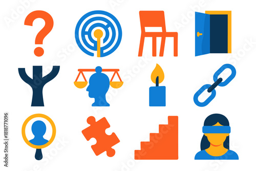 Philosophical Icons Set. Flat vector icons of Philosophical Questions: question mark, labyrinth path, empty chair, open door,