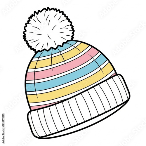 Colorful striped winter hat with pompom, perfect for staying warm and stylish during the cold weather, ideal for children's books or seasonal promotions