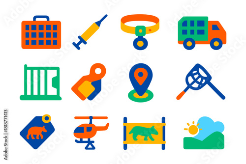 Wildlife Relocation Icons. Flat vector icons of Wildlife Relocation: transport cage, tranquilizer dart, tracking collar,