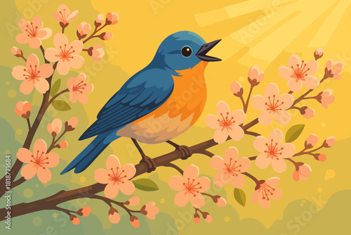 Bluebird on Cherry Blossom. Playful bluebird perched on a blooming cherry blossom branch vector illustration illuminated by golden