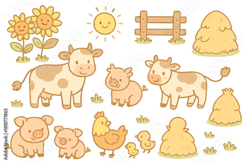 Cheerful Farmyard Scene. Sweet doodle farmyard with happy cows, cheerful pigs, hens with chicks, sunflowers smiling at the sun,
